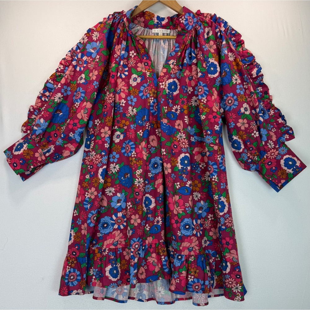 KARLIE London Floral Ruffle‎ Mini Babydoll Dress Bold Print Tiered Hemline Sz L